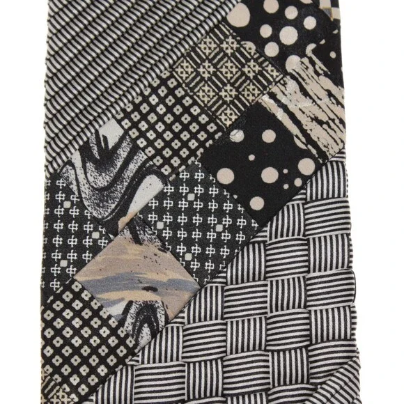 Pleated Patchwork Neck Tie by Italo Ferretti 100% Silk in Black / White / Beige